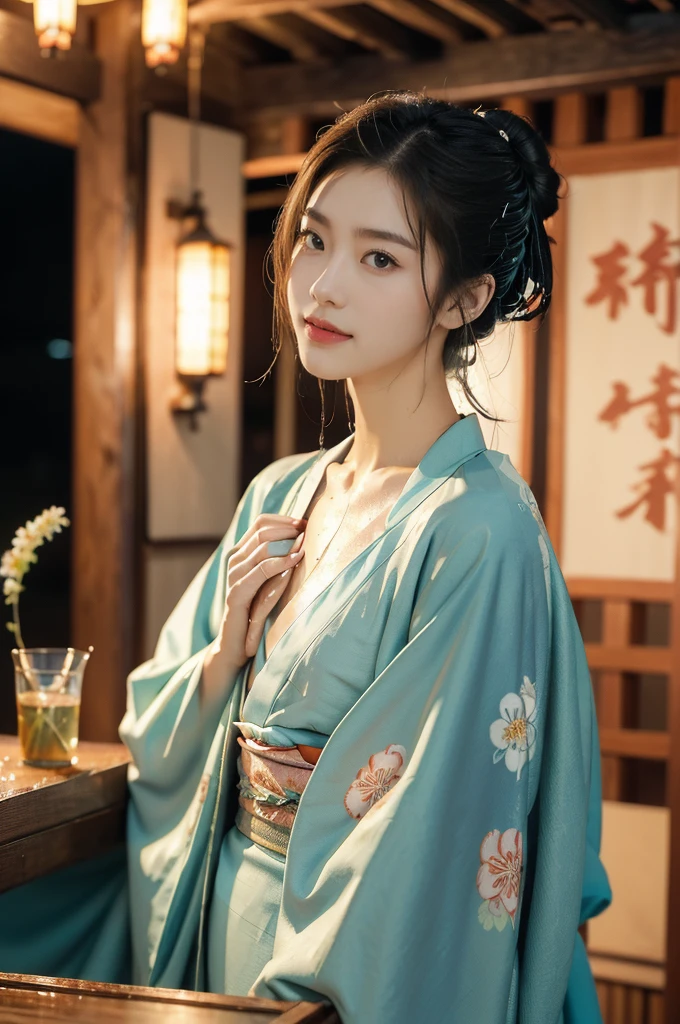 (((best quality))),(((ultra detailed))),(((masterpiece))),illustration,((1 beautiful Japannese girl,solo)),((slim,thin)),((small breasts,flat chest)),(in izakaya:1.3),(summer:1.2),(rainy:1.3),(indoor:1.2),(night scene:1.3),(wet:1.3),(cyan floral kimono:1.3),neat bun,porcelain skin,rouge,dimly lit,warm glow,ethereal,(standing:1.3),(hands on both sides:1.3),sake bottle,half-empty glass,tray,grilled fish,steamed vegetables,half-eaten,melancholic smile,storm,solitude,enigmatic aura,tranquility,chaos,simplicity,mysterious,captivating,((from front,upper body))