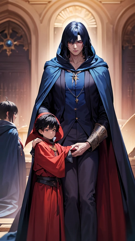 Three people: A wizard boy in a black cloak stucks between two boys (half _werewolf boy in a blue cloak and a vampire boy in a red cloak)both of them have bigger bodies than the boy wizard.