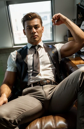 30 years, Muscle Man, very elegant, have "bright, Bodysuit", have white shirt, pantalones muy brights, tie, Vest, bright satin trousers, have leather belts, White,Man sitting down on chair,Open your legs, HD,in office,"Big muscles", "Potatoes are tan grande" , male hairstyle, Asian Face, male, Strong man, elegant, leather gloves, Expectations,土豆是 elegant,土豆是 elegant, Lump