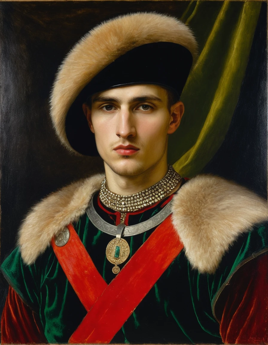 {{Masterpiece, best quality, oil painting, by Franz von Stuck, male focus, muted colors}}, the composition is: (((a dramatic half body portrait of a 20 years old ancient Roman soldier, sexy, magnificent, wearing a beige Russian fur hat, he is wearing a red diamond shape pendant))). ((((He is wearing a dark green lorica uniform made of velvet and alligator leather, with ronin inspired elements, Slavic inspired elements, wearing a satin sash))).