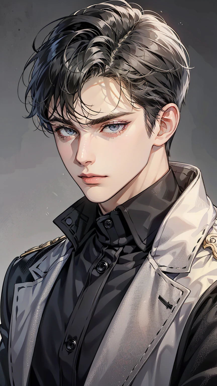 masterpiece, best quality, Practical, 1 person, Mature male, A quiet and charming young man, 25 years old, Serious look, Shut up, portrait, Extremely detailed face, Cold expression, ((Dark grey eyes)), ((#1: Short Dark Black Hair Combed to the Right)), [Thick eyebrows], ((Black Duke Suit)), Handsome, whole body, White skin, Imperial posture.