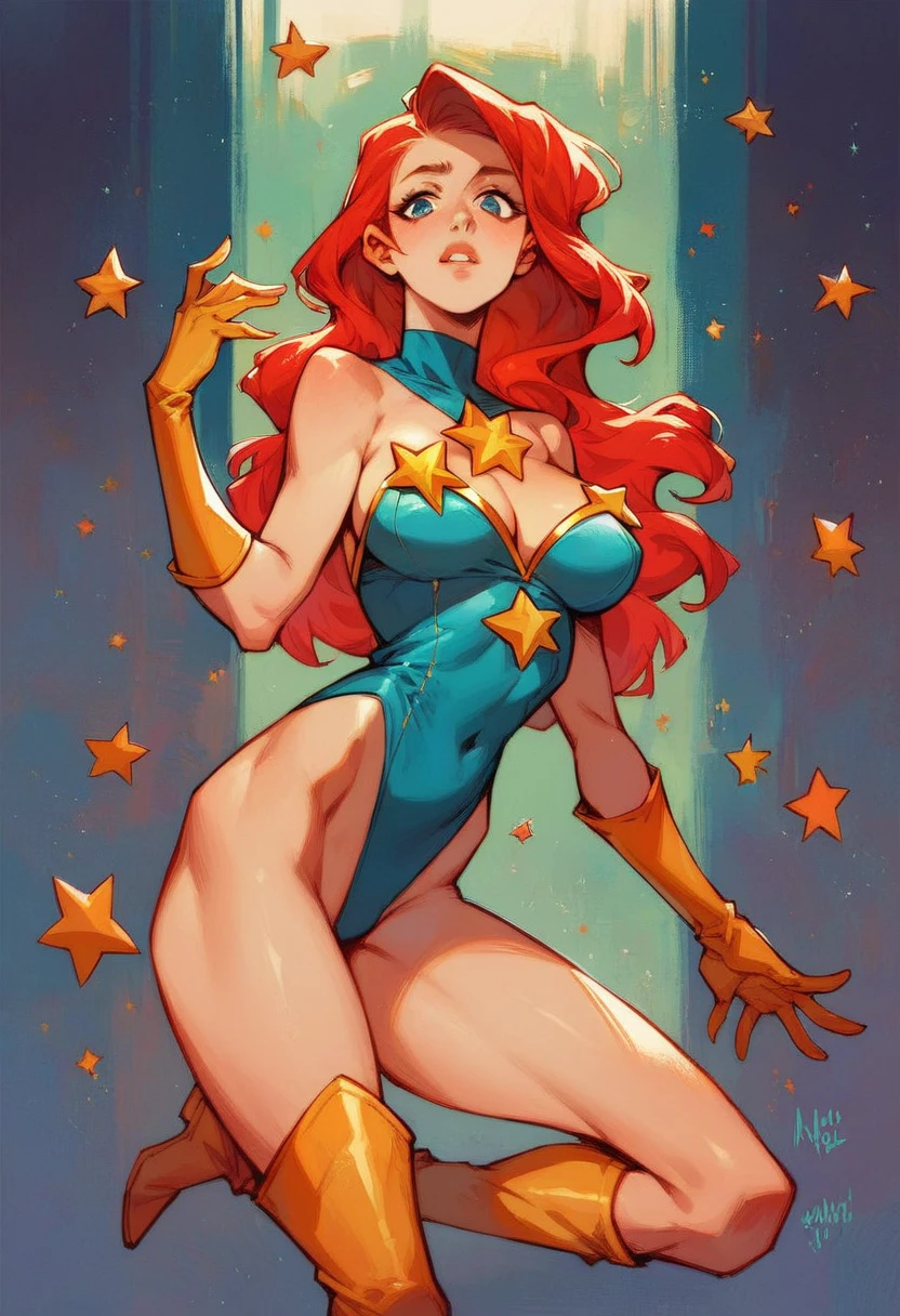 masterpiece,Sexy, Superheroine, Red hair, long hair, busty, ((blue highleg leotard with a t-back thong and a gold star insignia on chest)), gold boots, gold gloves,