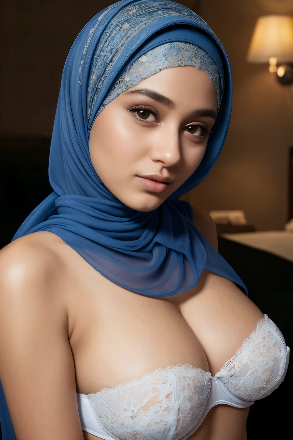 (((HIJAB dark blue))), Salvadorean woman (high resolution), (((HIJAB teen female))), masutepiece, High quality, UHD 32K, Realistic face, Realistic skin feeling , A cute Lady, 18 years old, (((big CHEST))), big cleaveage, big breast (daylight bedroom), ((look In front at the camera)), ((( detailed design))), (((cute lady))), ((girly patterns)), ((transparent hijab)) wearing strapless bra, strapless colorful big bra, bright background , bedroom, teddy bears in the background, ( front view angle) seductive pose (long blue thong) (face close up) thin body, (white mesh) mesh leg stockings, lace belt around waist, close up on body, top angle close up, close up on face, 