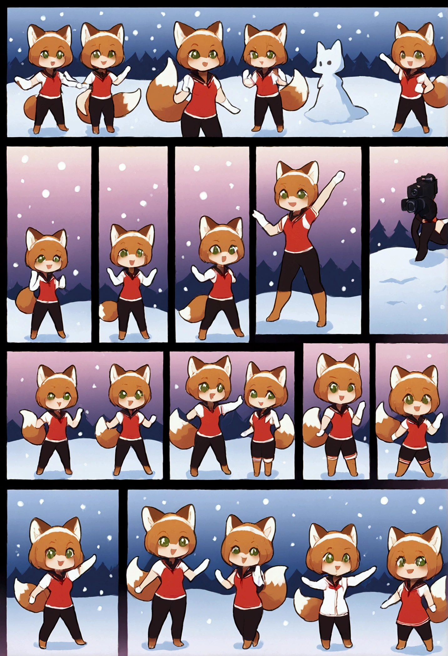 5girls, fox and tanuki, furry, bodyfur, tail, collar, sailor suit, short sleeves, jersey pants, long pants, white gloves, snow gloves, barefeet, chibi, sparkling eyes, full body, snow, camera, idol, singing, dancing