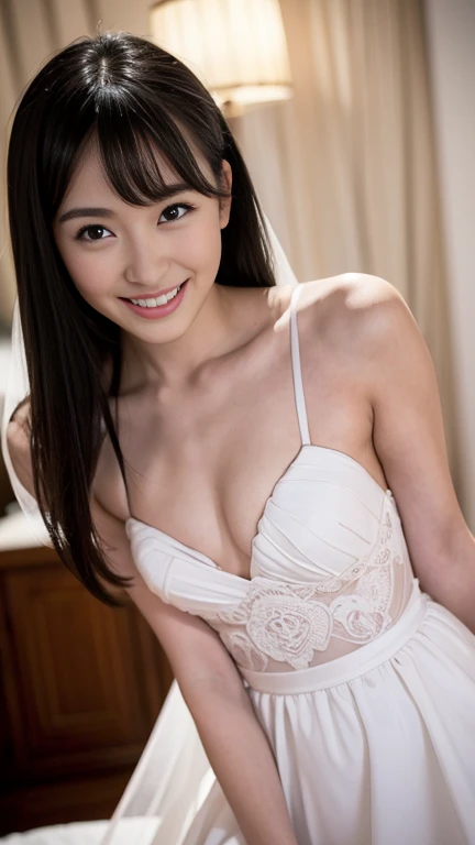 Beautiful 25 year old woman, small breasts。She is wearing a sexy wedding dress. She is shying and smiling on illuminated by the evening bedroom lights . romantic sunset. her black hair. High resolution、masterpiece、highest quality、頭w:1.0、((Hasselblad Photos))、fine skin、(movie lighting)、clavicle .