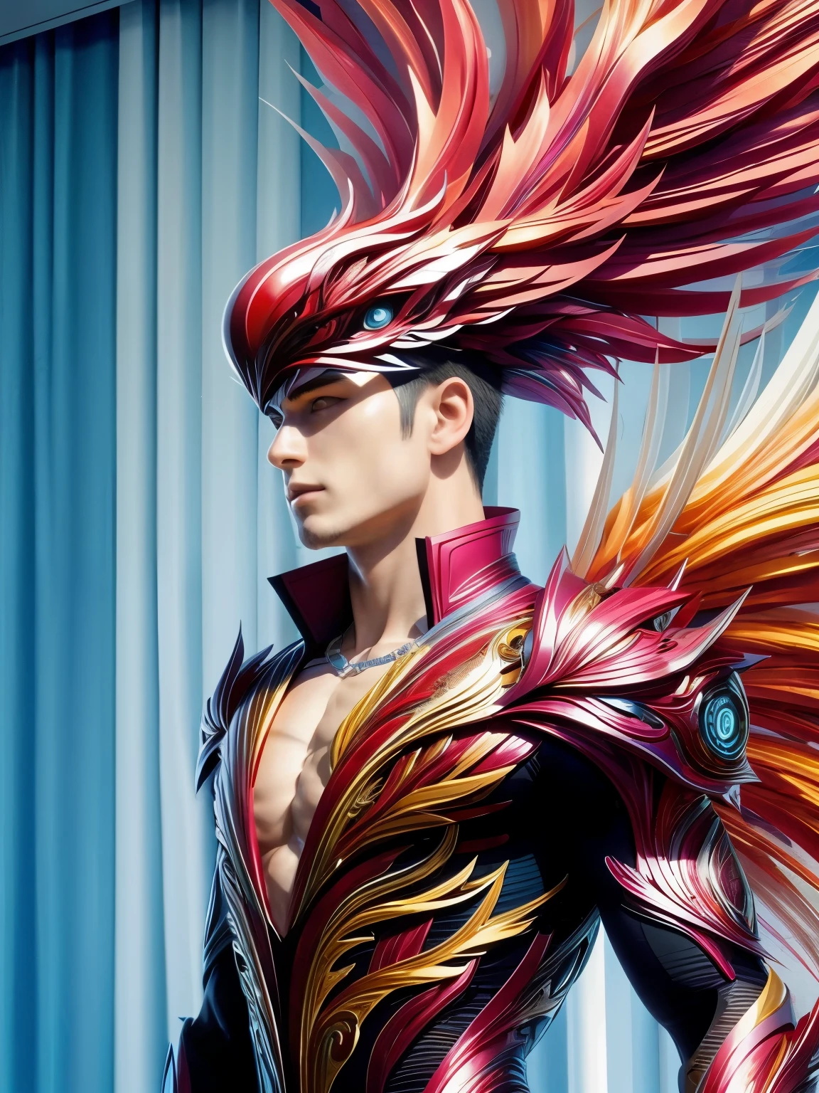 (high quality), (masterpiece), (detailed), 8K, Hyper-realistic illustration of (Japanese boy1.2) wearing (phoenix attire1.3), showcasing intricate (feathered patterns1.2) and (vibrant colors1.2). (Upper body1.2) is emphasized, with (defined muscles1.2) and (detailed facial features1.2). In style of Hidetaka Tenjin, trending on DeviantArt.