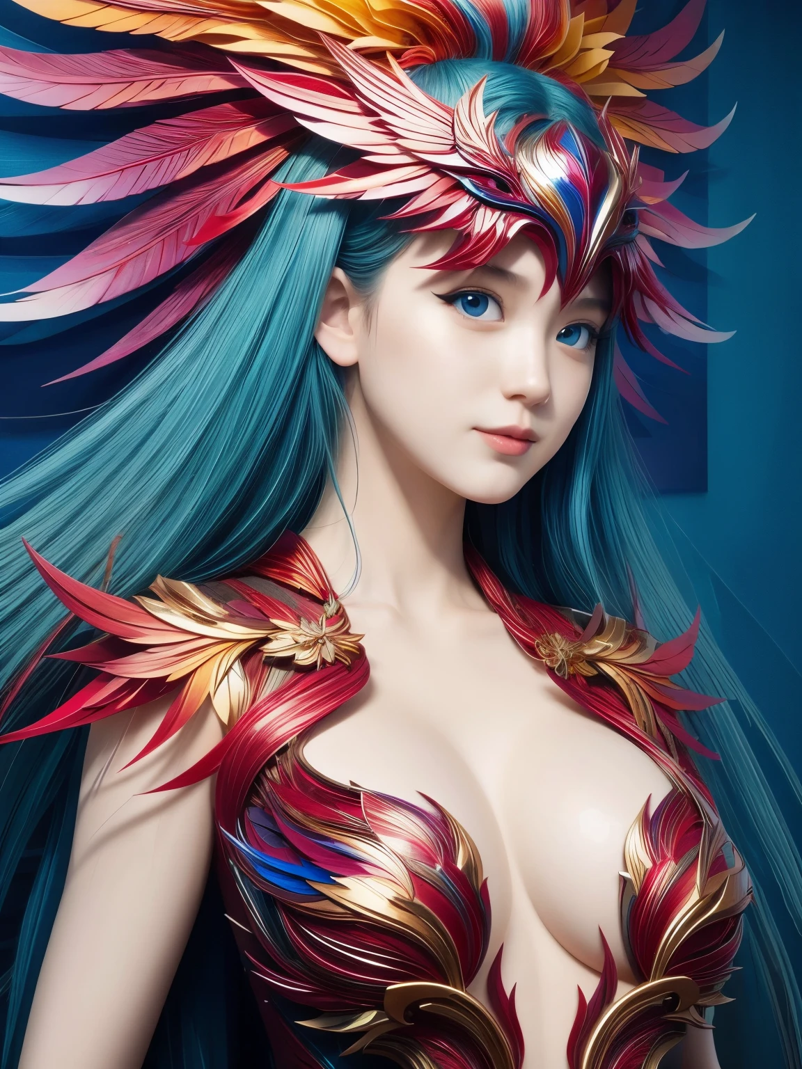 (high quality), (masterpiece), (detailed), 8K, Hyper-realistic illustration of (Japanese girl1.2) wearing (phoenix attire1.3), showcasing intricate (feathered patterns1.2) and (vibrant colors1.2). (Upper body1.2) is emphasized, with (delicate features1.2) and (detailed hair1.2) styled in a ( flowing mane1.2). In style of Range Murata, trending on Pixiv.