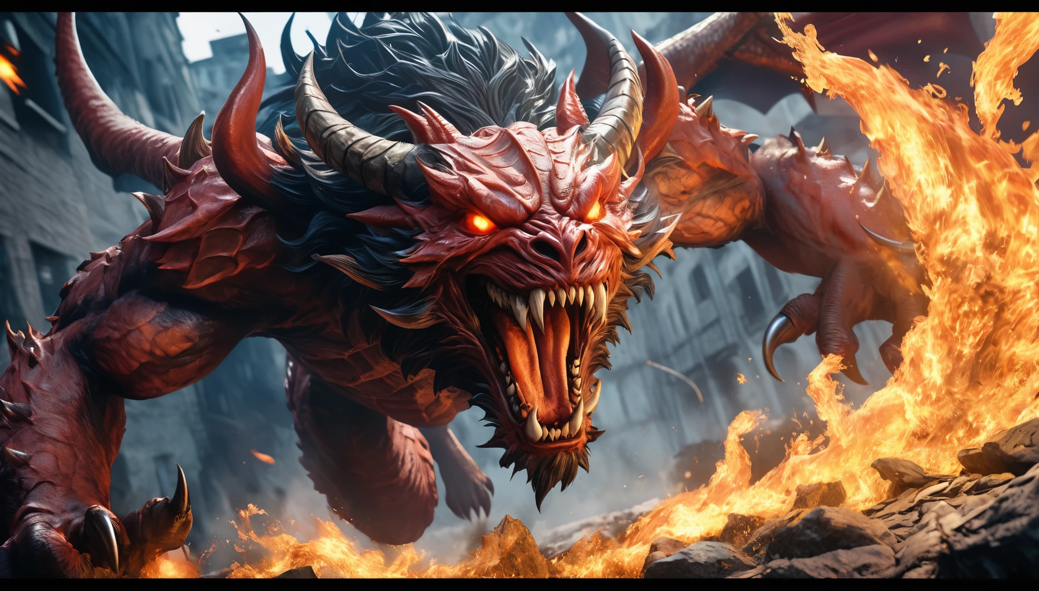 Realistic photos, RAW Photos, monster of the Great Satan world, attacks viewer, Powerful movements, jump on prey, ((Dynamic jump)), Sharp Claws, monster of the Great Satan world ,approaching from above, sudden approach, Bad-tempered, dynamic Shot from grand, flame magic,High resolution, masterpiece, Highest quality, Intricate details, Very detailed, Clear focus,texture, Delicate eyes, Professional, 4K,Shallow and deep, Kodak Vision Color, Exactly, Very detailed, photograph_\(Extremist\), photographpractical, practical, Post-processing, Maximum details, Roughness, Real Life, Extremist practical, Photorealism, photographgraphy, 8K Ultra HD, photographgraphy