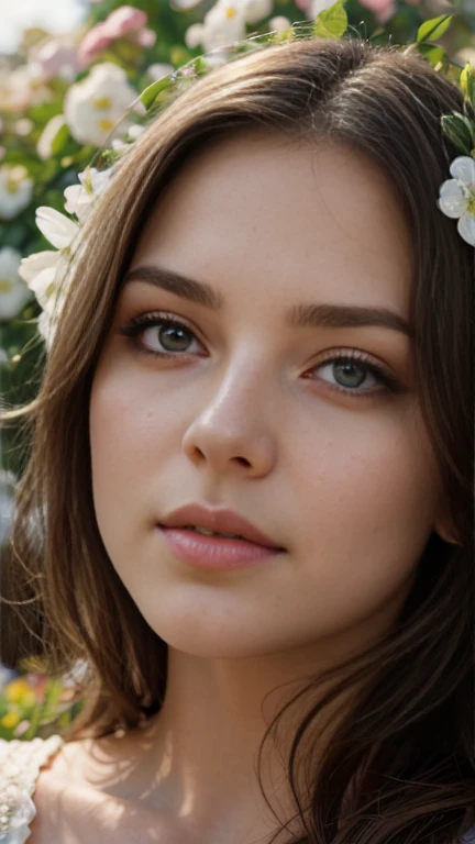 a low angle shot of a girl in a flower garden, beautiful detailed eyes, beautiful detailed lips, extremely detailed eyes and face, long eyelashes, elegant pose, photorealistic, 8k, ultra-detailed, professional studio lighting, vivid colors, serene landscape, lush foliage, delicate flowers, warm golden hour lighting