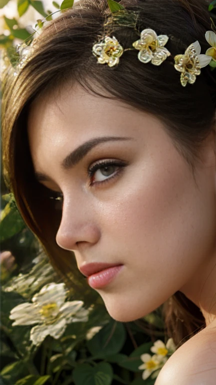a low angle shot of a girl in a flower garden, beautiful detailed eyes, beautiful detailed lips, extremely detailed eyes and face, long eyelashes, elegant pose, photorealistic, 8k, ultra-detailed, professional studio lighting, vivid colors, serene landscape, lush foliage, delicate flowers, warm golden hour lighting