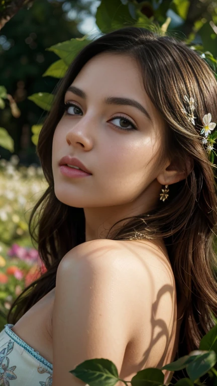 a low angle shot of a girl in a flower garden, beautiful detailed eyes, beautiful detailed lips, extremely detailed eyes and face, long eyelashes, elegant pose, photorealistic, 8k, ultra-detailed, professional studio lighting, vivid colors, serene landscape, lush foliage, delicate flowers, warm golden hour lighting