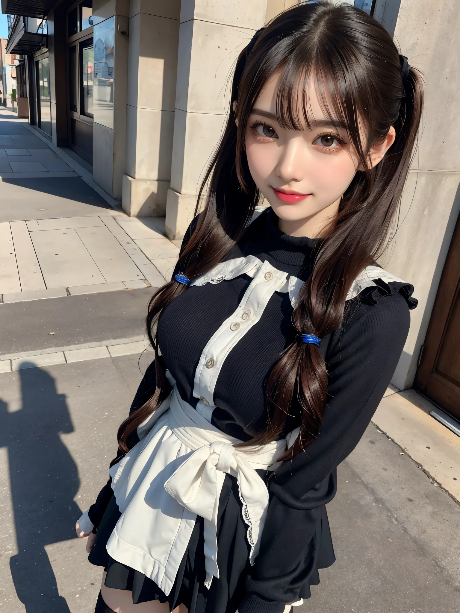 Kujikawa Def,Twin tails,,Seraph of the Black,Long sleeve,skirt,Knee socks,jewelry,Earrings,Are standing,
Highest quality, Very detailed, masterpiece, Absurd,8k,   photoRealistic, Realistic,Detailed skin texture,Detailed pupil,High resolution,Natural light,
One girl,alone,(Happy:1.1),(smile:1.2),short hair,Brown Hair,Shining Face,Large Breasts, Tight waist, Lip Makeup,In town,Wide angle,