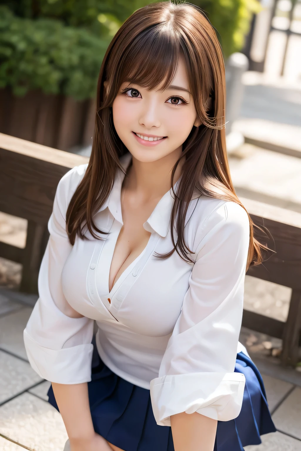 japanese, solo, huge breasts, brown hair, bangs, embarrassed, (natural make:1.2), dynamic angle, high res, (photo realistic:1.2), (highly detailed:1.1), ((school uniform)), sleeve shirt, smile, detail brassiere, delicate background, bokeh, professional lighting, physically-based rendering, ((spreading legs, squatting)), cleavage,