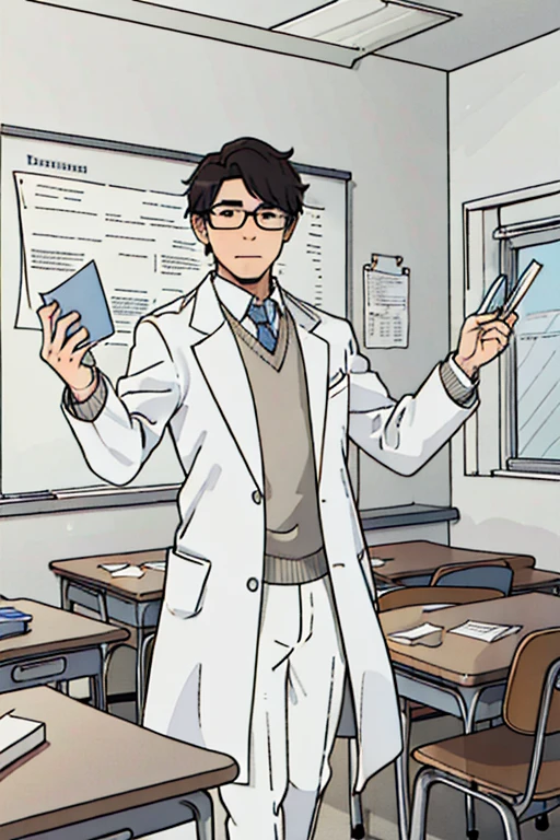 male teacher in white coat in the classroom with his students teaching about chemistry 