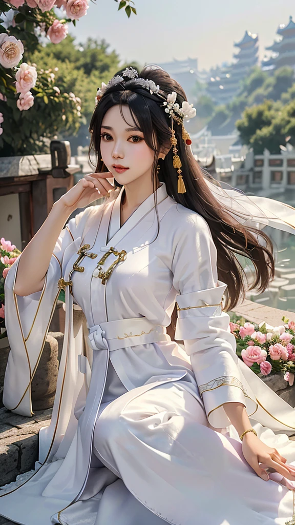 18 year old model, (big breasts:1.2), (shirt collar:1.2), marry , perfect iris, perfect lips, perfect teeth, Perfect beautiful skin, Long face, Slender nose, The headlights are weak., HDR, girl, white clothes, His hair is grayish white, very long and straight., (Traditional Chinese long robes, long hair and long shawls: 1.5), Long hair like a waterfall, outside background.,Chinese Palace Background ,(pastel colors:1.2),((big flower hair accessory)), (A loaf of black bread on the head.: 1.3),(large flower crown: 1.3)