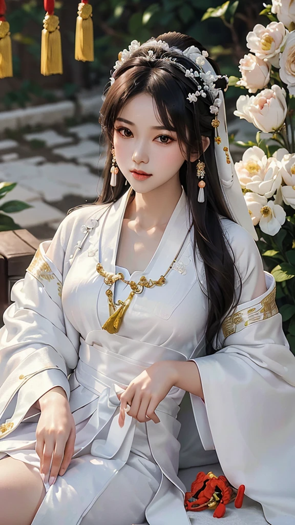 18 year old model, (big breasts:1.2), (shirt collar:1.2), marry , perfect iris, perfect lips, perfect teeth, Perfect beautiful skin, Long face, Slender nose, The headlights are weak., HDR, girl, white clothes, His hair is grayish white, very long and straight., (Traditional Chinese long robes, long hair and long shawls: 1.5), Long hair like a waterfall, outside background.,Chinese Palace Background ,(pastel colors:1.2),((big flower hair accessory)), (A loaf of black bread on the head.: 1.3),(large flower crown: 1.3)