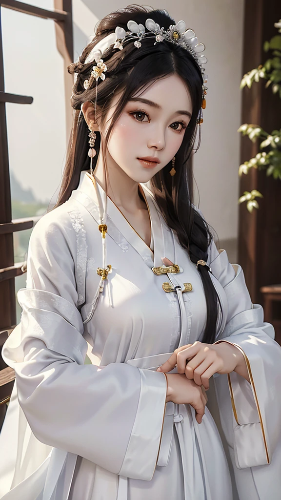 18 year old model, (big breasts:1.2), (shirt collar:1.2), marry , perfect iris, perfect lips, perfect teeth, Perfect beautiful skin, Long face, Slender nose, The headlights are weak., HDR, girl, white clothes, His hair is grayish white, very long and straight.， (Traditional Chinese long robes, long hair and long shawls: 1.5), Long hair like a waterfall, outside background.,Chinese Palace Background ,(pastel colors：1.2),((big flower hair accessory)), (A loaf of black bread on the head.: 1.3)，(large flower crown: 1.3)