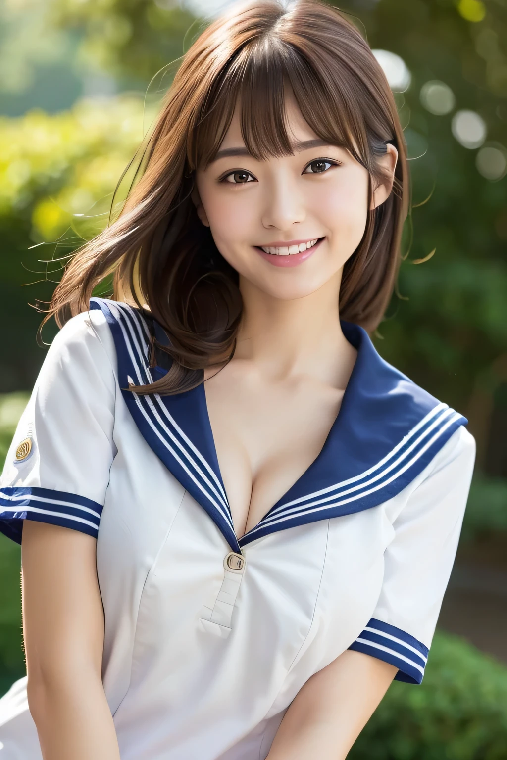 japanese, solo, huge breasts, brown hair, bangs, (natural make:1.2), dynamic angle, high res, (photo realistic:1.2), (highly detailed:1.1), (sailor suit)), short sleeve shirt, smile, detail brassiere, delicate background, bokeh, professional lighting, physically-based rendering, cleavage,
