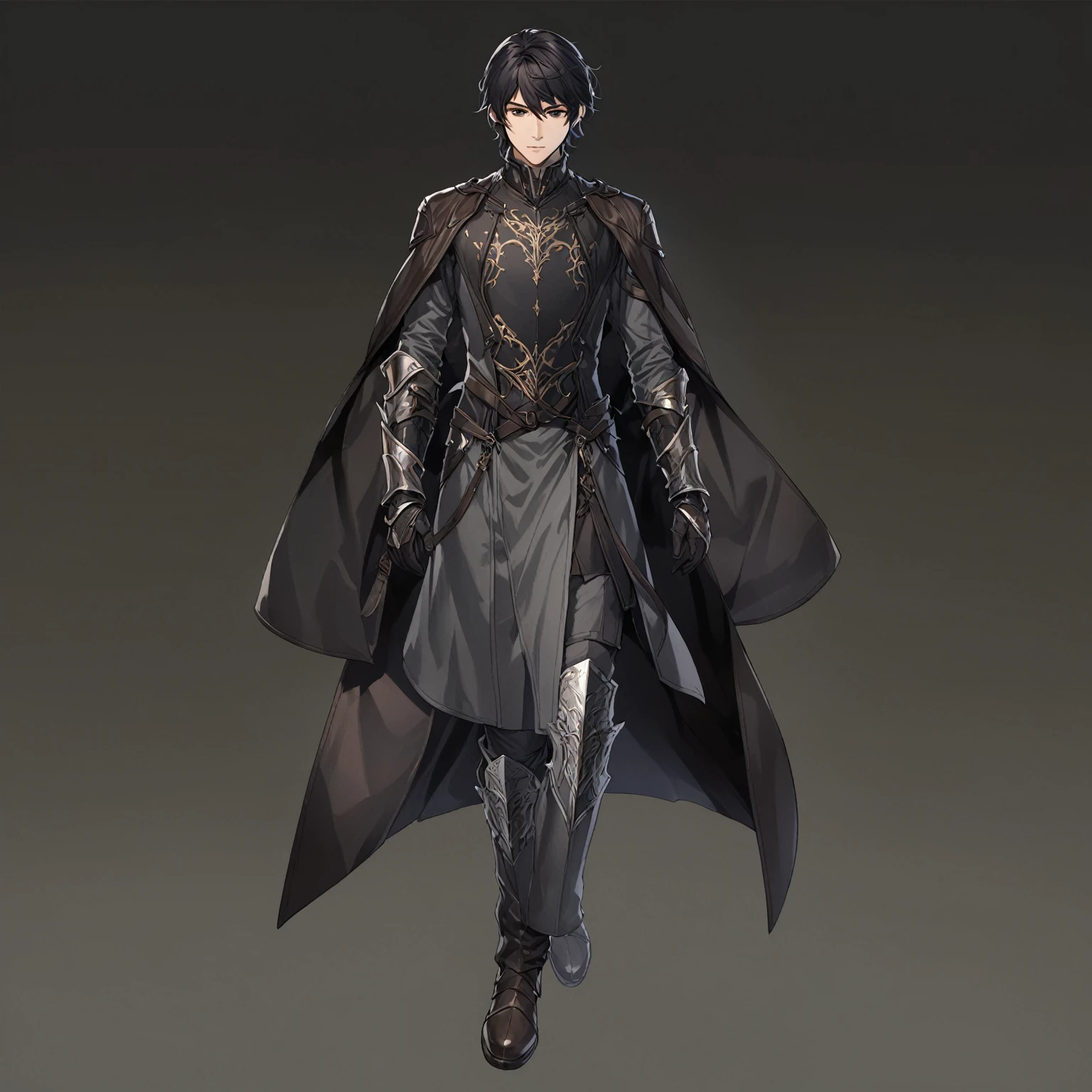 masterpiece, best quality, good quality, Highly detailed, shadowverse style, male, dark black hair, dark brown eyes. armored, elven aesthetic, overcoat, leather jacket overcoat, adult
