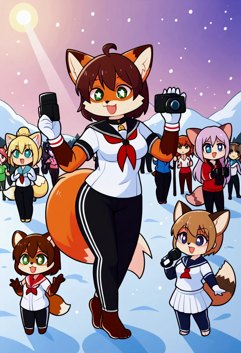 5girls, fox and tanuki, furry, bodyfur, tail, collar, sailor suit, short sleeves, jersey pants, long pants, white gloves, snow gloves, barefeet, chibi, sparkling eyes, full body, snow, camera, idol, singing, dancing