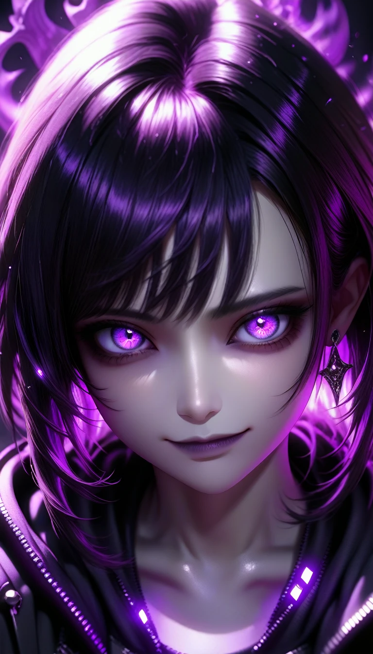 a beautiful detailed woman with intense mysterious eyes, piercing gaze, purple ethereal lighting, evil smile, dark death rendering background, highly detailed, intricate particle effects, masterpiece, cinematic, ray tracing, octane render, 8k, hyper realistic