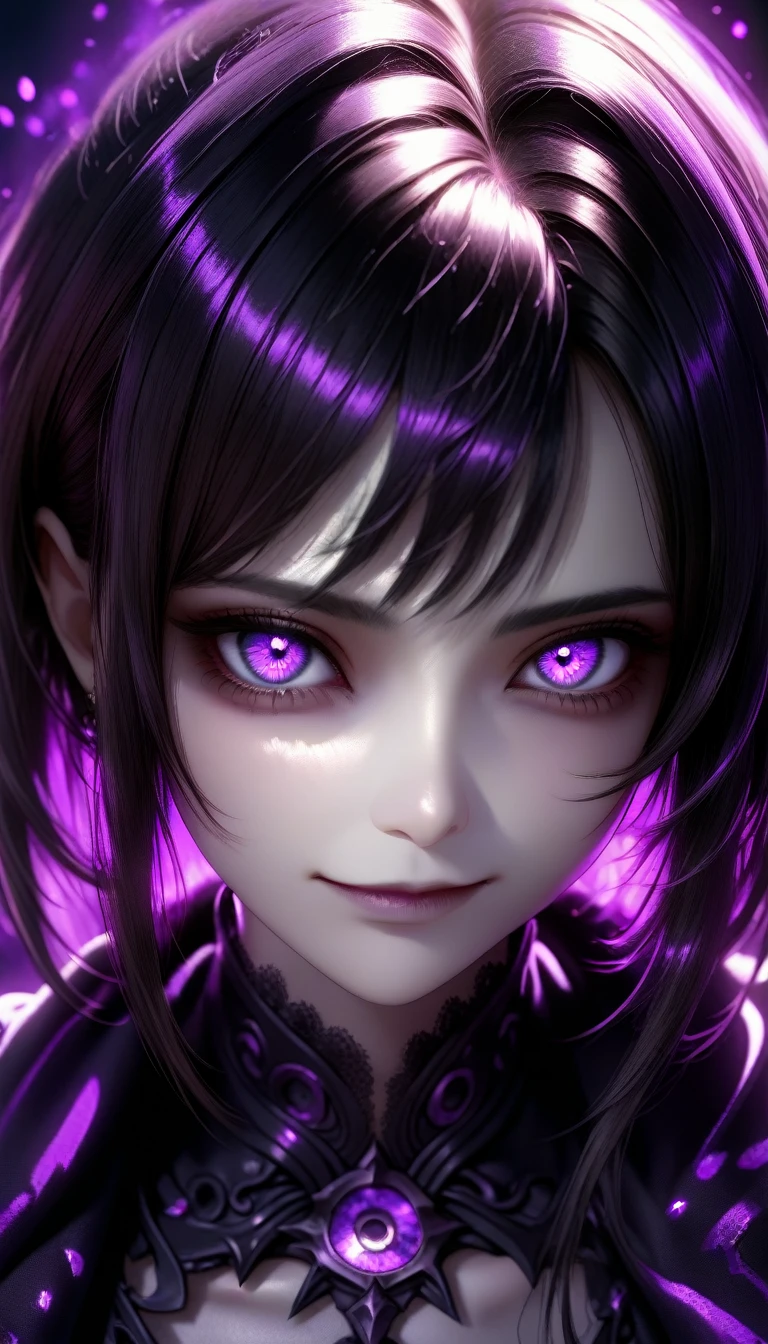 a beautiful detailed woman with intense mysterious eyes, piercing gaze, purple ethereal lighting, evil smile, dark death rendering background, highly detailed, intricate particle effects, masterpiece, cinematic, ray tracing, octane render, 8k, hyper realistic