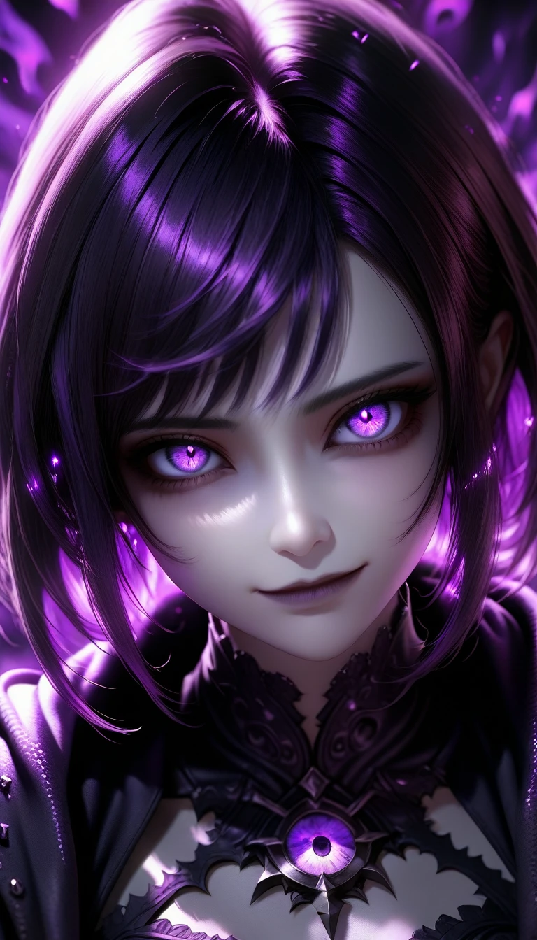 a beautiful detailed woman with intense mysterious eyes, piercing gaze, purple ethereal lighting, evil smile, dark death rendering background, highly detailed, intricate particle effects, masterpiece, cinematic, ray tracing, octane render, 8k, hyper realistic