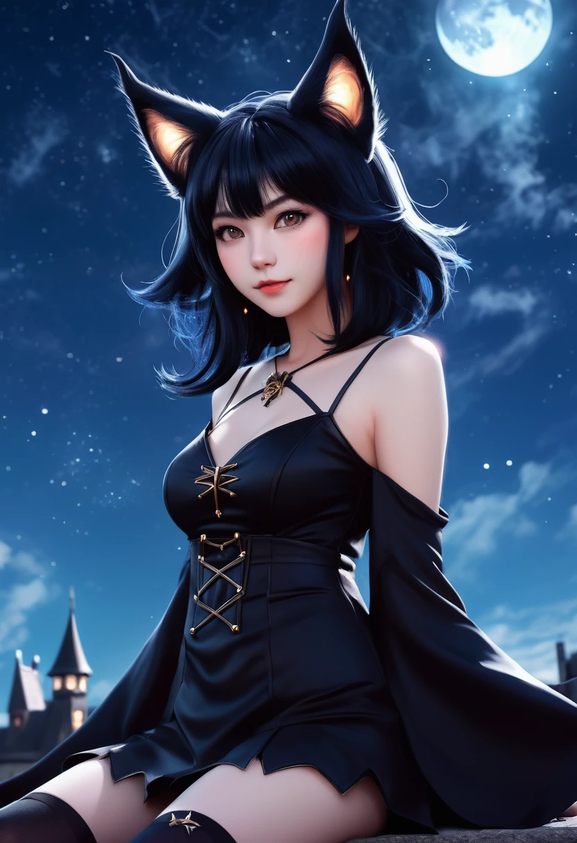 Monster Girl, Cat ear,20th Generation, witch,Night Sky,Wizard,Realistic Women, Black Hair,cute