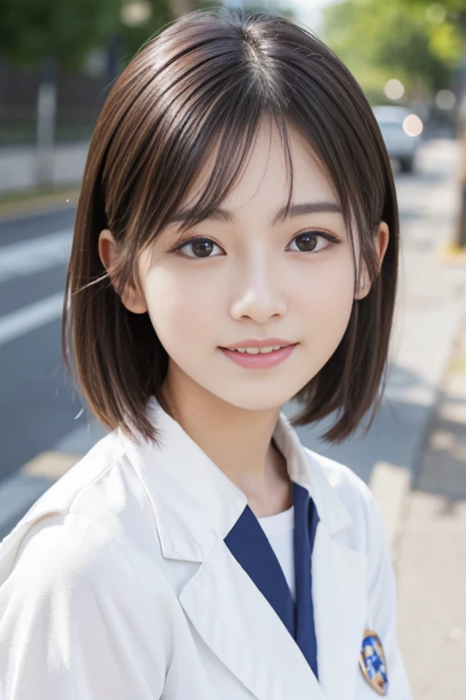 Cute 15 year old Japanese、on the road、Highly detailed face、Pay attention to the details、double eyelid、Beautiful thin nose、Sharp focus:1.2、Beautiful woman:1.4、(short hair)、Pure white skin、Highest quality、masterpiece、Ultra-high resolution、(Realistic:1.4)、Highly detailed and professional lighting、nice smile、Japanese school girl uniform