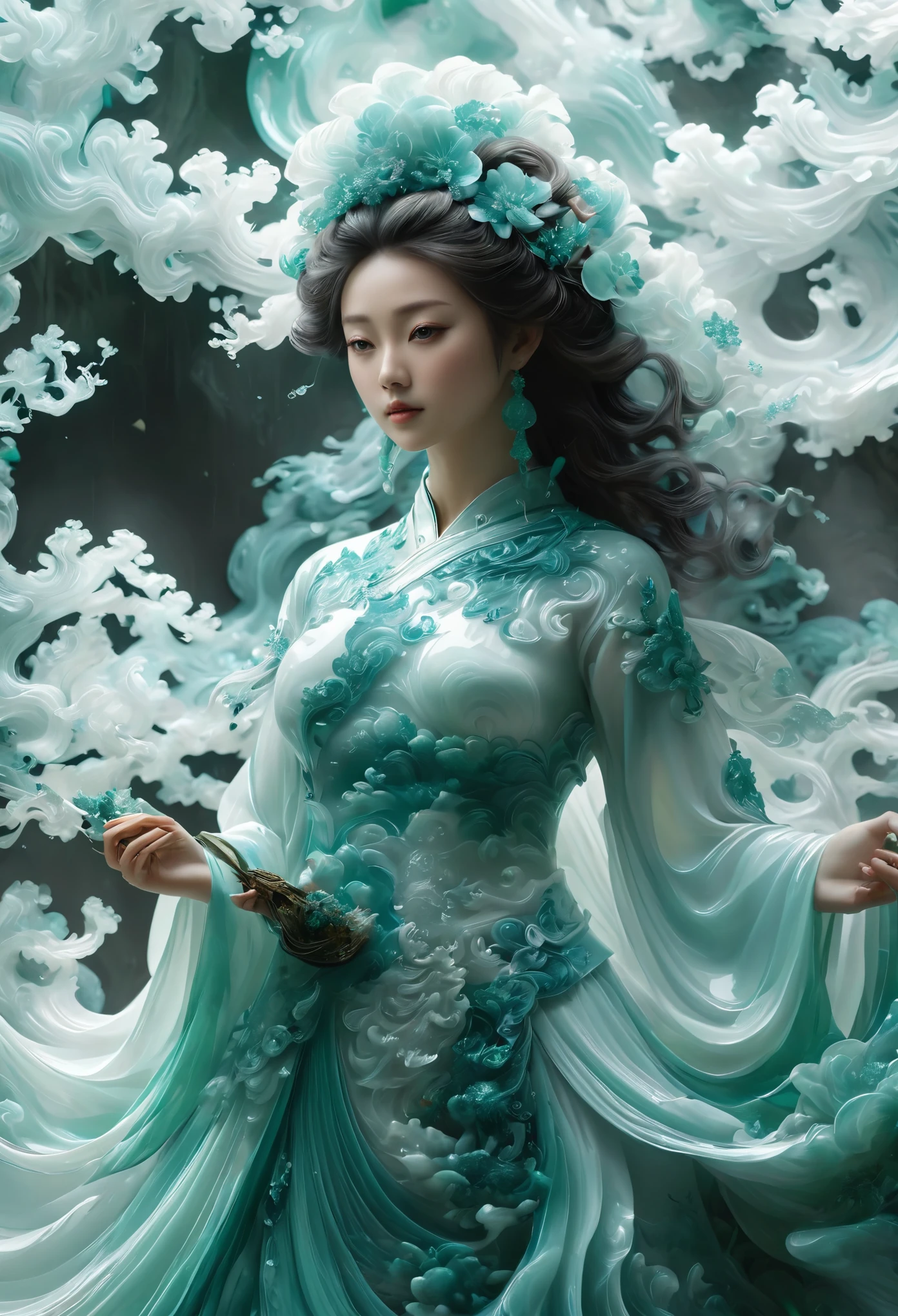 Jade Fractal,luminescent,1 Girl,。(Best quality,4K,8K,A high resolution,Masterpiece:1.2), (Realistic,Photorealistic,photo-realistic:1.37).,Shiny,Exquisite,Monster,Unreal Engine 5,Texture,A three-dimensional character wearinghanfu,minimalism and abstract illustration, chinese ink painting style, chinese xuan paper texture, light penetrate the air, Fractals effect, Phosphore scence effect