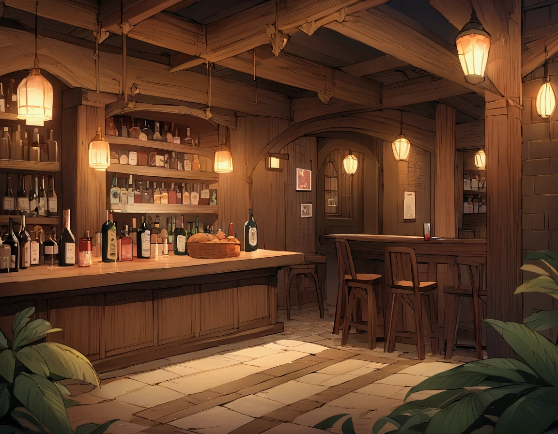 ((((masterpiece, Highest quality, High resolution)))),High detail, manga,anime,Illustration Style,Use of bright colors,Ghibli Studio,Night atmosphere, Game fantasy world view,Bakery in the RPG world, Extremely detailed 8K, High detail, pub,Table at the liquor store,There is no one,background,トlampのカードが置かれたテーブル,lamp,Wine and beer,A stylish world