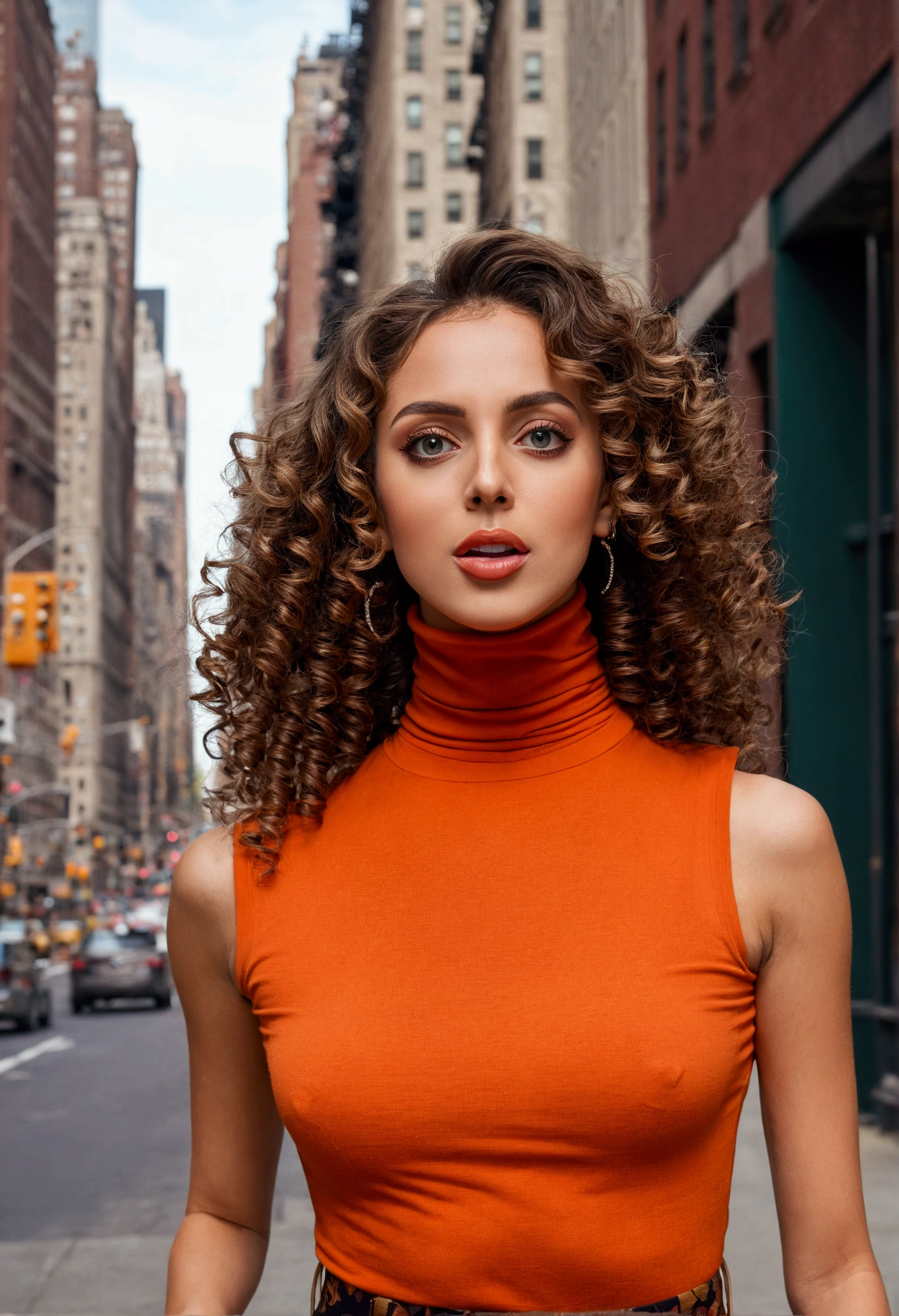 (masterpiece, best quality), Beautiful woman, Sleeveless Turtleneck Top, Pants, Collier, curls, Perfect face, Pretty Face, attractive, Beautiful big eyes, open mouth, content, Perfect slim body, (outdoor), City Streets, New York, Vibrant colors