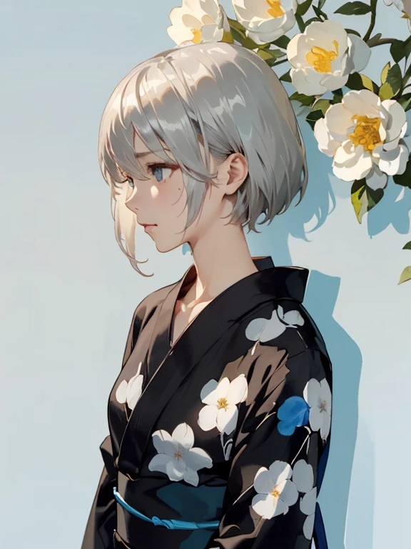 {(anime screencap:1),(japanese anime style:1.2),(watercolor image:1.2),sketch,overall light color},{(simple configuration:1.1),profile},{(simple light_blue background:1.4),(floral:1.2),(shadow on background:1.4)},BREAK,{(fower pattern on black yukata:1.4),(open clothes:1.2)},(Show shoulders:1.4),BREAK,{(sweat on the neck:1.2),(erotic face,anguish,(painful:1.1),(very very ecstasy:1.2),(writhing:1.4),embarrassing):1.2},{(solo, YoRHa type of Nier Automa):1.2, (white_silver colored hair:1.4), short cut hair, (blue glowing eyes:1,4),(black bandana:1.2)},{(masterpiece,best quality, 8K UHD, extremely detailed CG, detailed beautiful face and eyes and skin and hair)