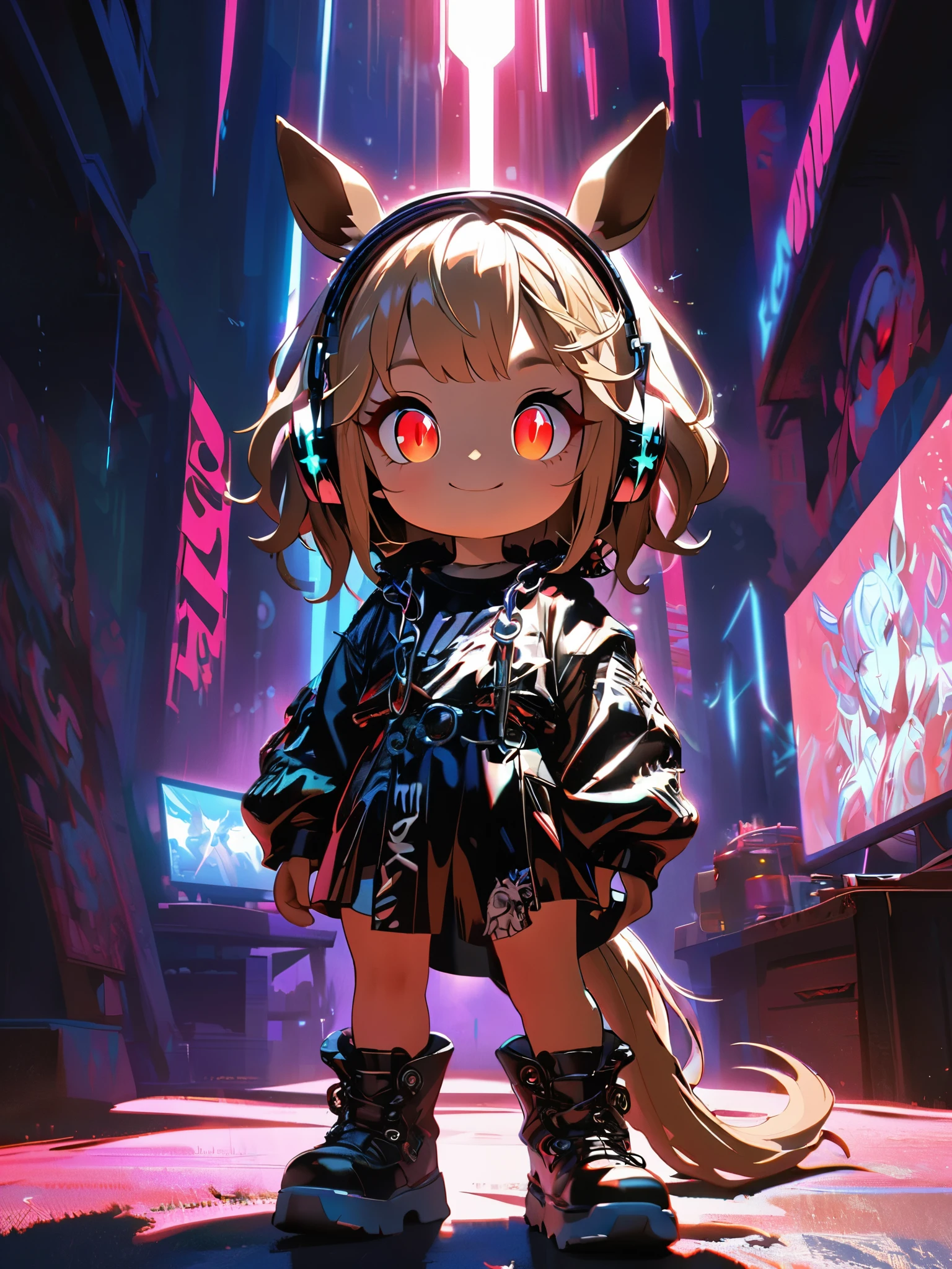 1 girl, chromatic aberration, Written boundary depth, Soft Light, masterpiece, Highest quality, complicated, Tone Mapping, Very detailed, Art Station, Concept Art, Smooth, Clear focus, Dramatic lighting, Very detailed artwork, movie, super practical painting, Art Station's trending, 8k, Incredible Shadows, practical, (Very detailed background:1.0), whole body, View, Viewers, Very detailed portrait of one girl 1, standing on street corner, Heavy rain and lightning、Dark Sky, neon and cyber punk background, she is dressed in punk clothing with silver chains and silver spikes, Her hair was dyed light brown...,The middle part is black, She wears headphones, Detailed red eyes with clear pupils, Ominous aura of light, smile, punk, ciber punk, Backlight.Has horse ears、Has a horse tail,Approaching the horse.No headphones needed、More Horses