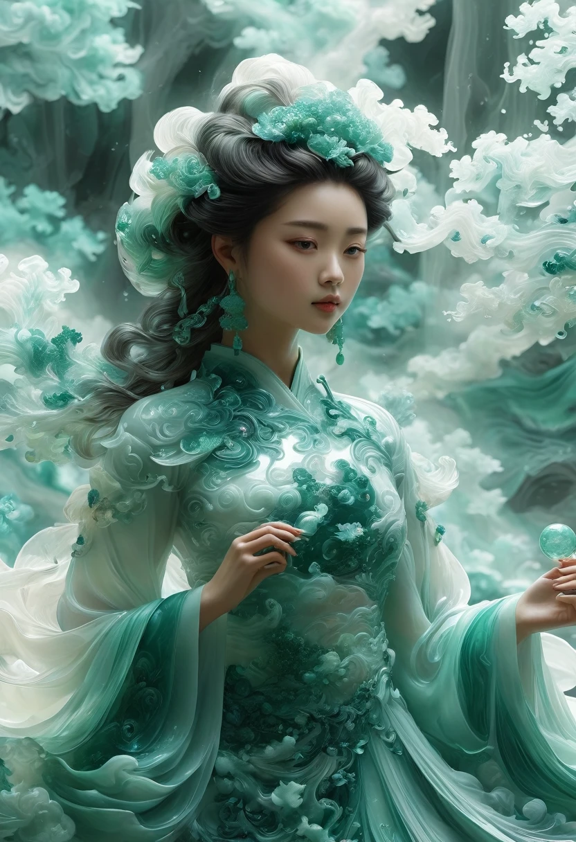 Jade Fractal，luminescent，1 Girl，。(Best quality,4K,8K,A high resolution,Masterpiece:1.2), (Realistic,Photorealistic,photo-realistic:1.37).，Shiny，Exquisite，Monster，Unreal Engine 5，Texture，A three-dimensional character wearinghanfu,minimalism and abstract illustration, chinese ink painting style, chinese xuan paper texture, light penetrate the air, Fractals effect, Phosphore scence effect
