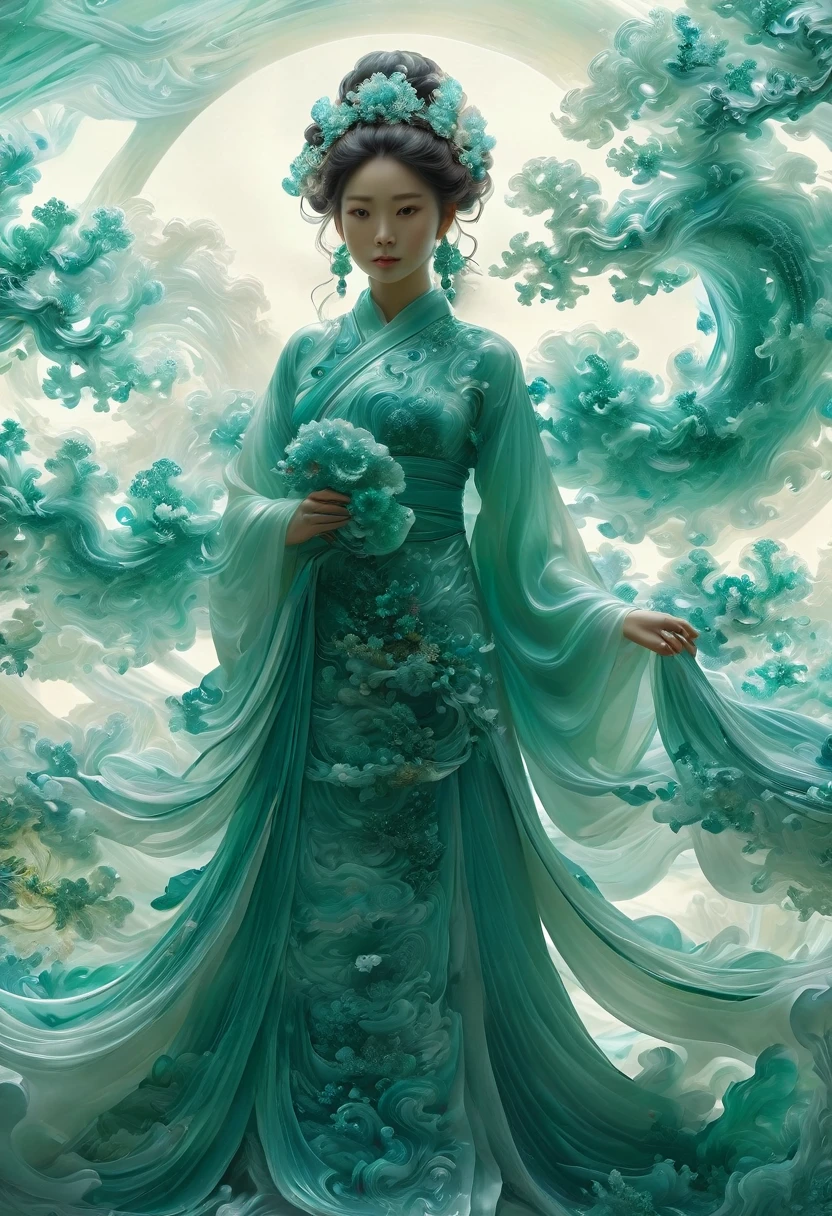 Jade Fractal,luminescent,1 Girl,。(Best quality,4K,8K,A high resolution,Masterpiece:1.2), (Realistic,Photorealistic,photo-realistic:1.37).,Shiny,Exquisite,Monster,Unreal Engine 5,Texture,A three-dimensional character wearinghanfu,minimalism and abstract illustration, chinese ink painting style, chinese xuan paper texture, light penetrate the air, Fractals effect, Phosphore scence effect