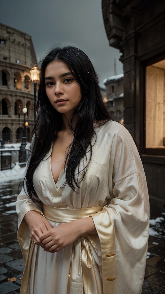 A captivating black-haired maiden, clad in a regal gown, stands steadfast before the majestic, weathered Colosseum, bathed in the golden hues of a twilight snowfall. The snowflakes delicately swirl around her, casting a mesmerizing, dreamlike aura. Her radiant face, bathed in the soft, glowing snow, serves as the image's focal point. The scene is rendered in high-definition 16k resolution, with a film grain effect to enhance the timeless, romantic atmosphere.