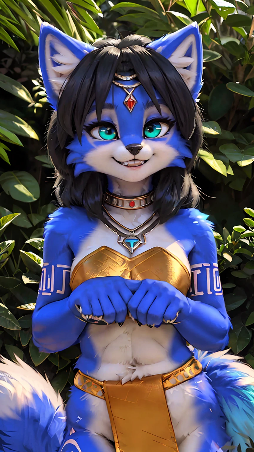 A beautiful and detailed (sweet picture) wa ((krystal)), Star Fox Krystal, sslim, lovable, green eyes, medium breasts, (((Long blue hair 1.3))),  ((black hair tips)), Decollete, grin, look up,, anthro, furry, Uploaded E621, detailed fluffy fur, (wa Fluff-Kevlar, Bayard Wu, personalize me, Pino Daeni), detailed face, (fluffy), 1 girl, alone,  Tribal clothing, sweet girl, alone, 

