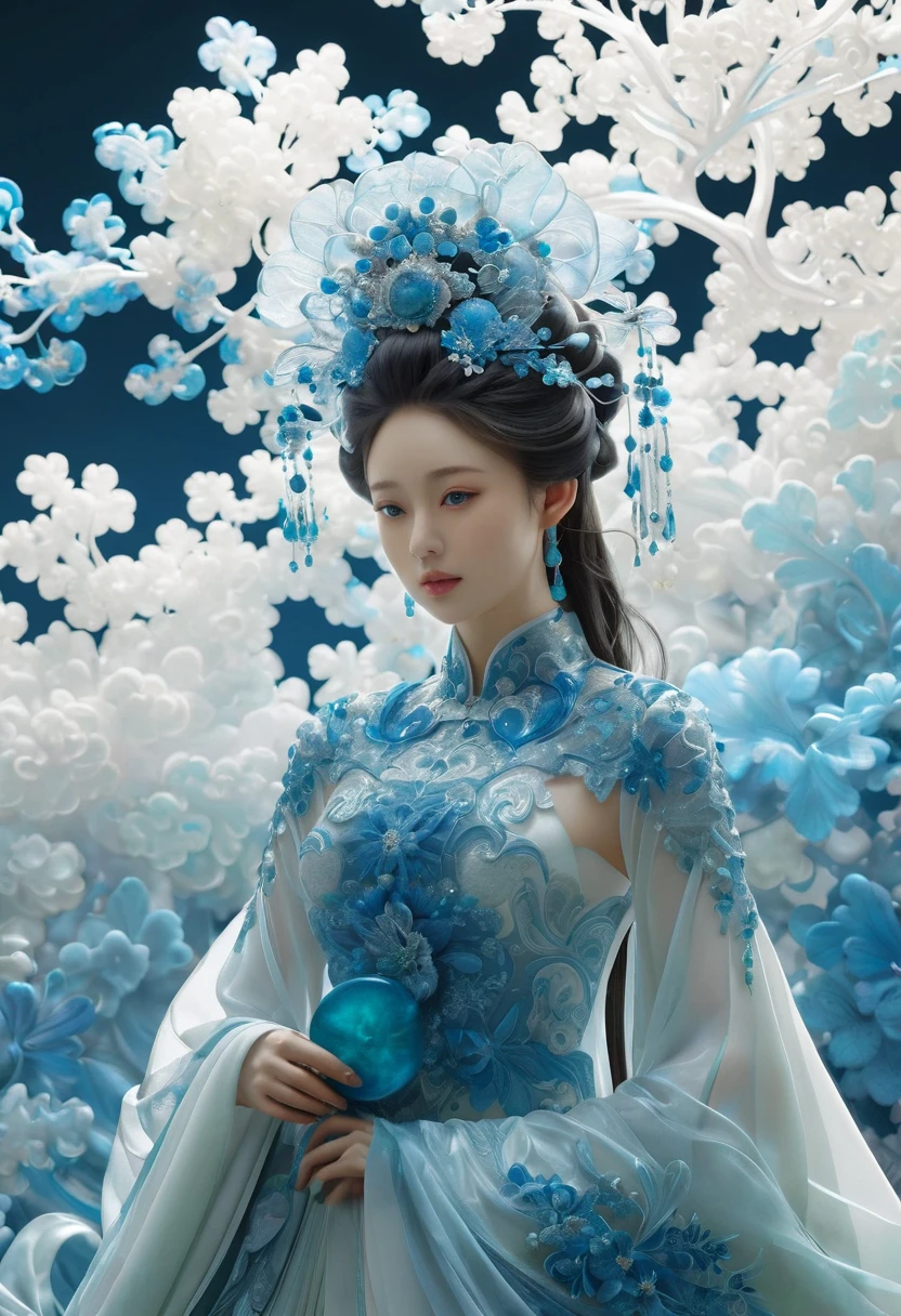 Jade Fractal,luminescent,1 Girl,。(Best quality,4K,8K,A high resolution,Masterpiece:1.2), (Realistic,Photorealistic,photo-realistic:1.37).,Shiny,Exquisite,Monster,Unreal Engine 5,Texture,A three-dimensional character wearinghanfu,minimalism and abstract illustration, chinese ink painting style, chinese xuan paper texture, light penetrate the air, Fractals effect, Phosphore scence effect