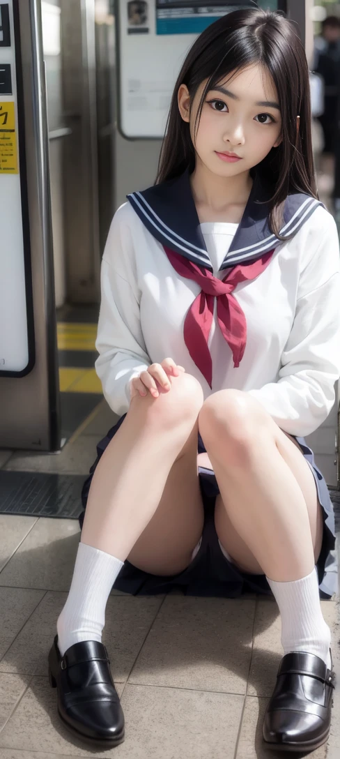 (RAW Photos:1.4), (photoRealistic:1.3),(masterpiece), Highest quality, Highest quality, Very detailed CG unity 8k wallpaper, Detailed and complex, original,High resolution,
\\
One girl,alone,(),Very detailed_eye, nail,Medium chest,(eyeliner:0.5),(blush:0.5),Black Hair,Long Hair,Hair Clip, View your viewers,Browsing Caution,
\\
high school,student,, Sailor collar,Bobby Socks,school bag,skirt, Plaid, Plaid skirt,Raise your knees,Sitting,
\\
street, Subway Station, Shop Boundaries, akihabara \(Tokyo\), Shibuya Ward \(Tokyo\), Shinjuku \(Tokyo\),
\\
Beautifully detailed backgrounds,Depth of written boundary,change:0.1,Realistic:1.3,(Zhou Haoguang:1),(Neon Light:0.1),(High resolution:1),(Studio Lighting:1.5),(Panty shot:1.2),From below,whole body,