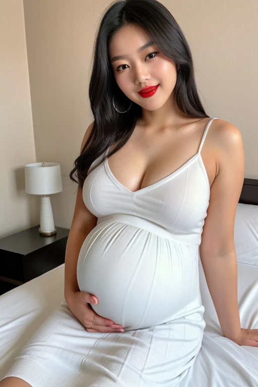 {1 korean girl, 20 years old, sexy girl, strikingly beautiful, black hair, big breasts, delicate facial features, brown skin, red lips, eyes hook the soul seduces you, ((masterpiece, amazing quality)), (unity 8k wallpaper), (absurdres), (ultra detailed, ultra highres:1.5), ((girl wearing thick white maxi knit camisole dress)), (A pregnant girl with a big belly), ((awe and joy expression)), full body, from front, in the hotel room, sitting on the bed, looking at viewer},