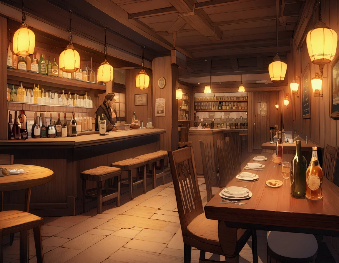 ((((masterpiece, Highest quality, High resolution)))),High detail, manga,anime,Illustration Style,Dark and mature colors,Ghibli Studio,Night atmosphere, Game fantasy world view,Bakery in the RPG world, Extremely detailed 8K, High detail, pub,Table at the liquor store,There is no one,background,トlampのカードが置かれたテーブル,lamp,Wine and beer,A stylish world,The enchanting world of night,,,,