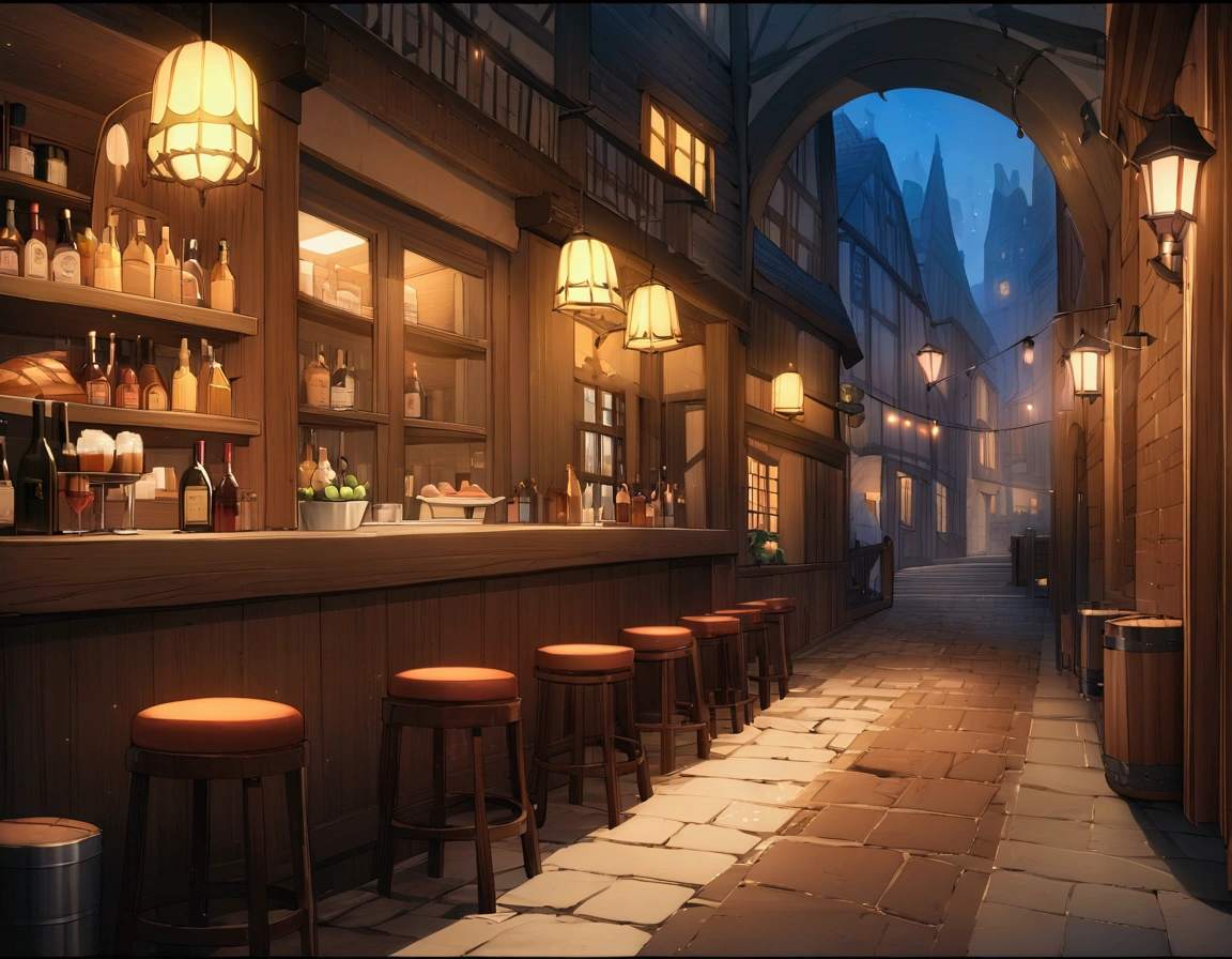 ((((masterpiece, Highest quality, High resolution)))),High detail, manga,anime,Illustration Style,Dark and mature colors,Ghibli Studio,Night atmosphere, Game fantasy world view,Bakery in the RPG world, Extremely detailed 8K, High detail, pub,Table at the liquor store,There is no one,background,トlampのカードが置かれたテーブル,lamp,Wine and beer,A stylish world,The enchanting world of night,,,,