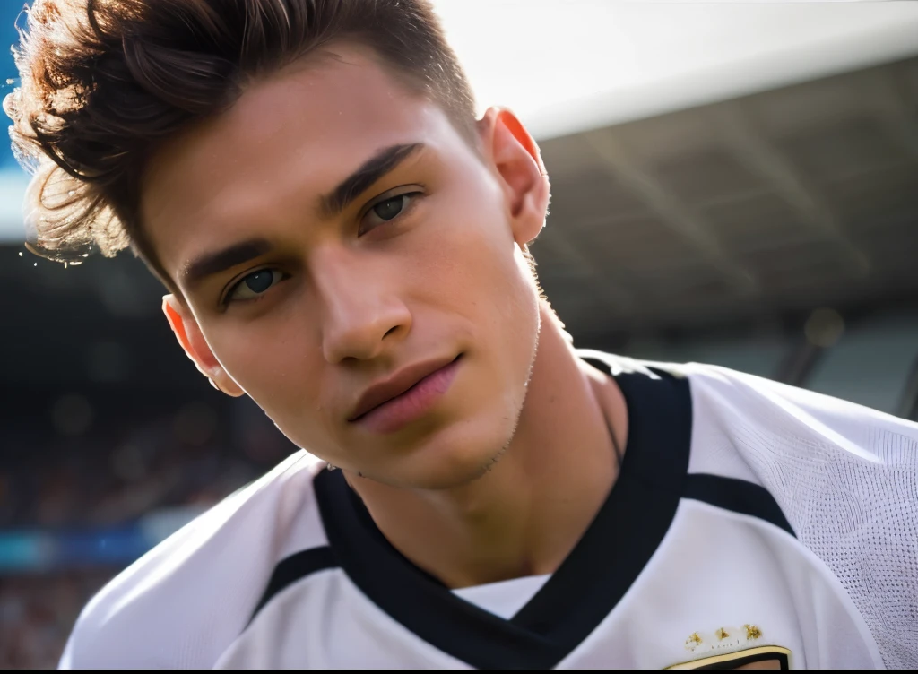 A handsome 20-year old soccer striker, 179cm tall, male, light brown hair, curly undercut, white skin, wearing black jersey, smirking expression, (best quality,4k,8k,highres,masterpiece:1.2),ultra-detailed,(realistic,photorealistic,photo-realistic:1.37),sports,portrait,detailed face,beautiful detailed eyes,extremely detailed eyes and face,dynamic pose,well-lit,vibrant colors