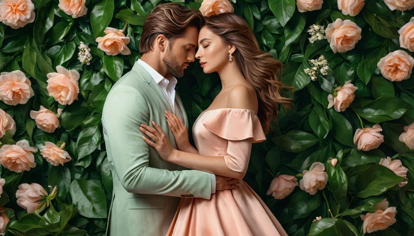 A stunning, hyper-realistic 8K Ultra HD image showcasing a woman with brown hair, wearing a beautiful peach dress. She is captured from a three-quarter angle, being embraced by a man in a white. The pair stands in front of a romantic wall adorned with green leaves and flowers, creating a cinematic and fashionable portrait photography scene. The high-quality digital artwork exudes elegance and sophistication., portrait photography, fashion, photo, cinematic, cinematic lighting