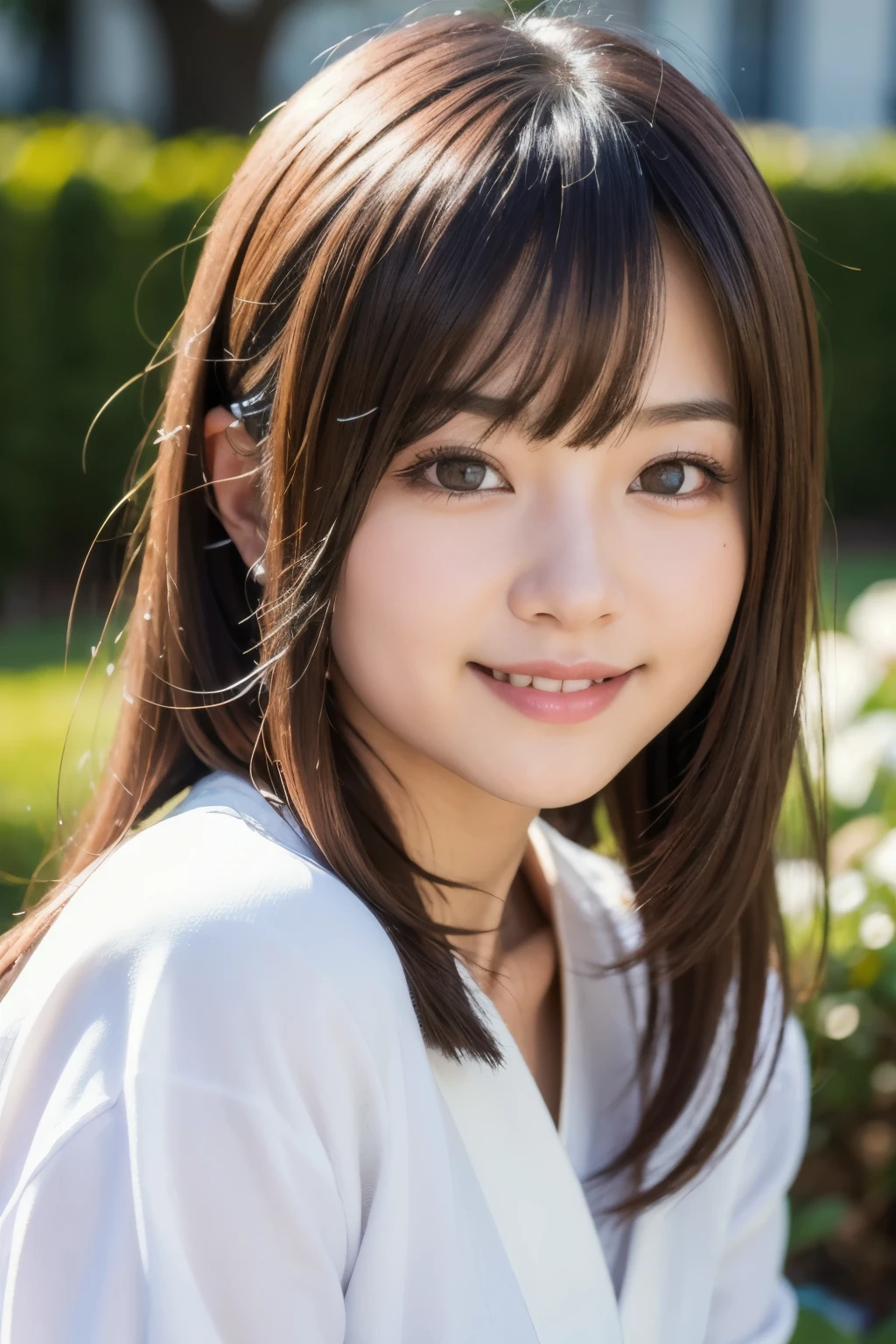 best quality, face focus, soft light, ultra high res, (photorealistic:1.4), RAW photo,(Shinozaki Ai),
1japanese girl, solo, cute, kawaii, smile, (pupil, lights in the eyes),  detailed beautiful face, busty,(high resolution detail of human skin texture),(long hair),(portrait), white traditional kimono, in the garden,