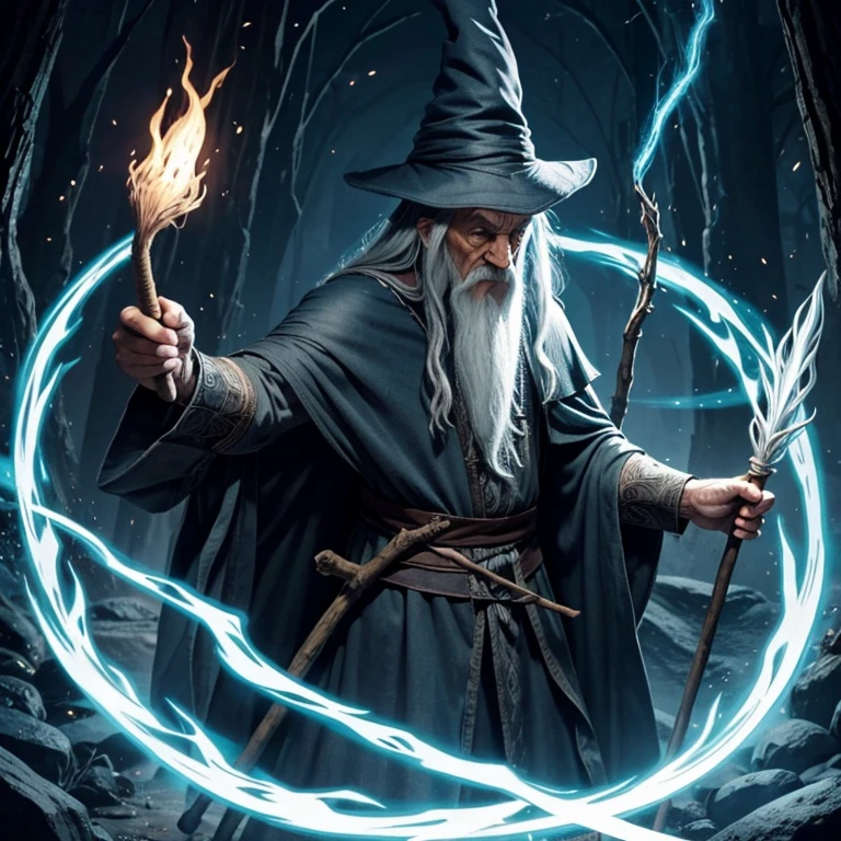 a mage with his stick, gandalf look alike, showing his power, making magic, cartoon style
