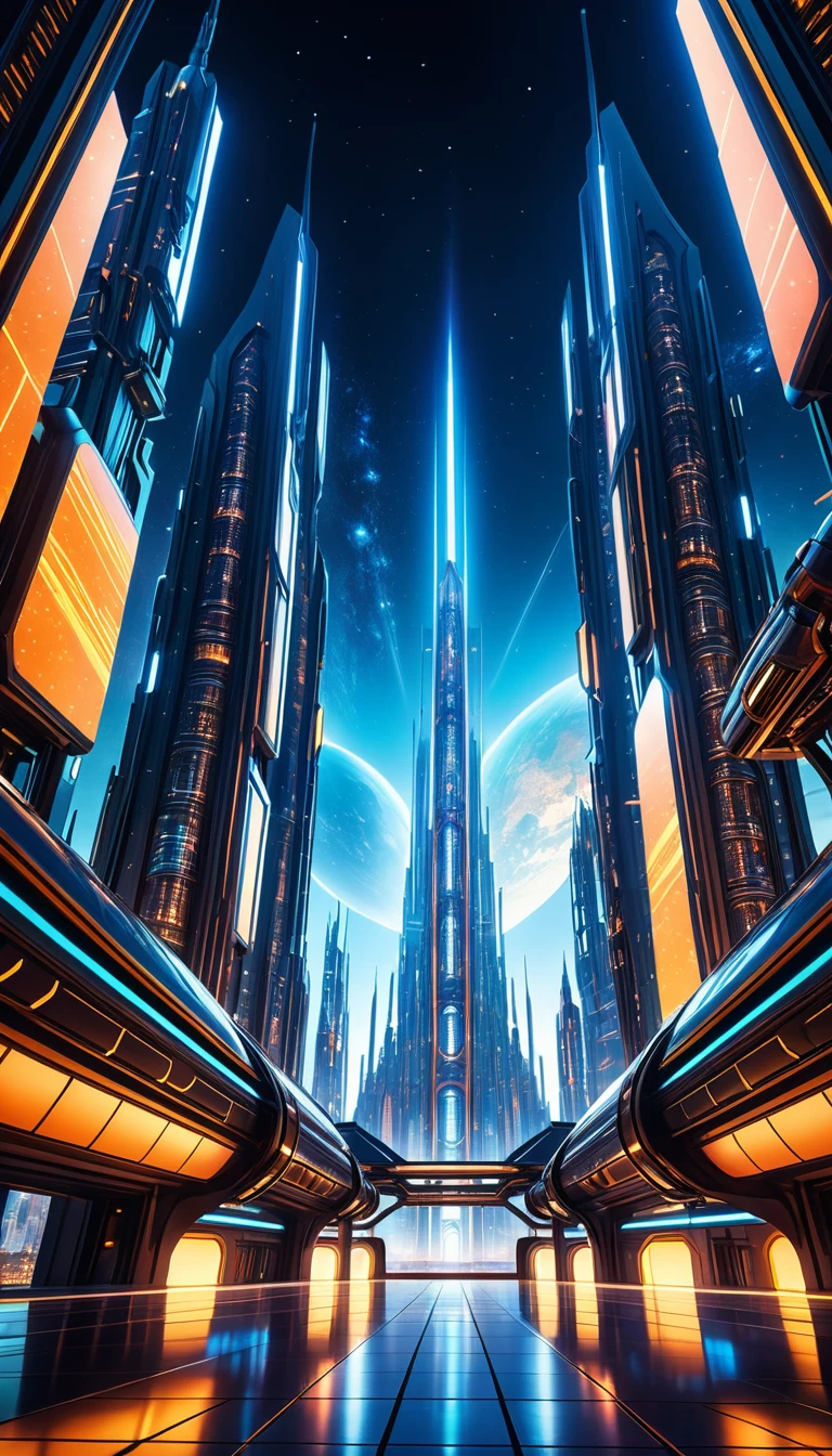digital painting, a stunning cosmic architecture, low angle shot, dramatic sci-fi landscape, glowing futuristic city skyline, intricate mechanical structures, otherworldly technology, gleaming metallic surfaces, dramatic lighting, cinematic composition, hyper-detailed, 8k, photorealistic, masterpiece