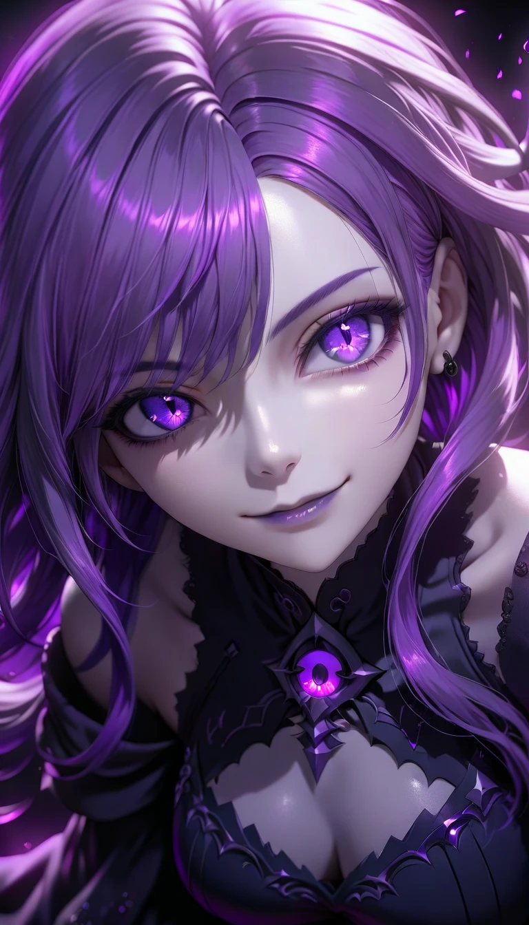 a beautiful detailed woman with intense mysterious eyes, piercing gaze, purple ethereal lighting, evil smile, dark death rendering background, highly detailed, intricate particle effects, masterpiece, cinematic, ray tracing, octane render, 8k, hyper realistic
