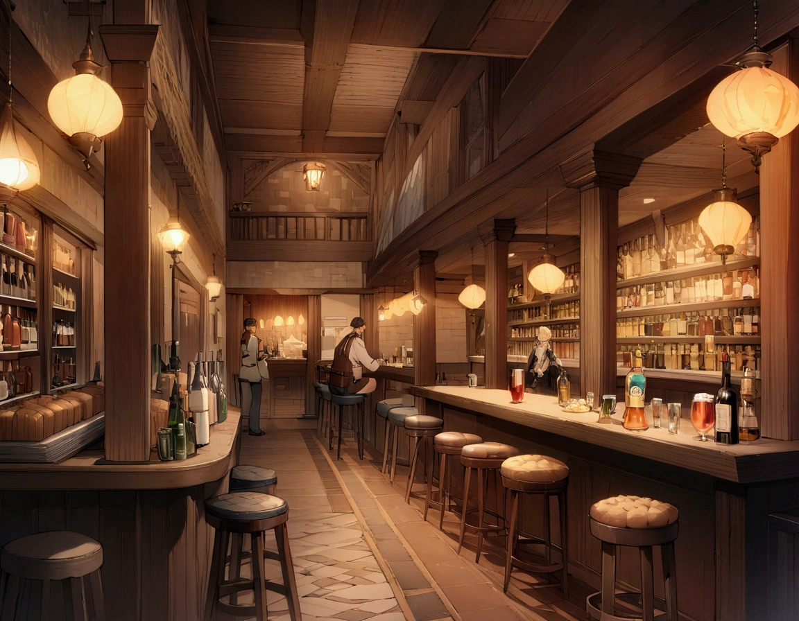 ((((masterpiece, Highest quality, High resolution)))),High detail, manga，anime，Illustration Style，Dark and calm colors，Ghibli Studio，Luxurious evening atmosphere, Game fantasy world view,Bakery in the RPG world, Extremely detailed 8K, High detail, pub,Table at the liquor store,There is no one,background,トlampのカードが置かれたテーブル,lamp,Wine and beer,A stylish world,The enchanting world of night,,,,